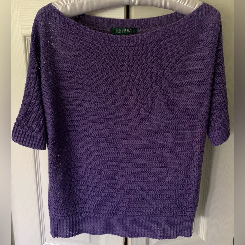 Ralph Lauren Purple 100% Linen Boatneck Short-Sleeve Lightweight open Knit Top